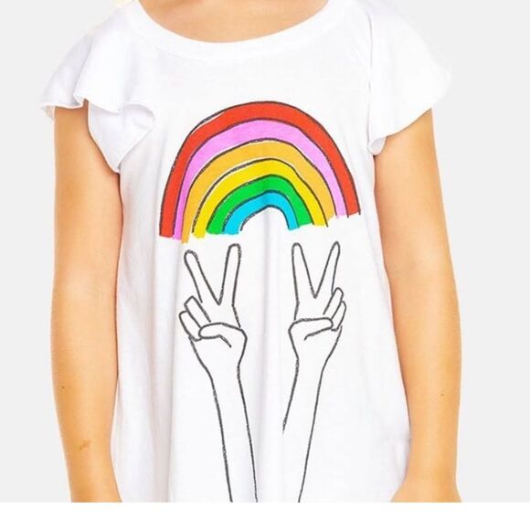 Chaser Girls Rainbow Peace Sign T-Shirt White Short Flutter Sleeve NWT - Picture 1 of 5